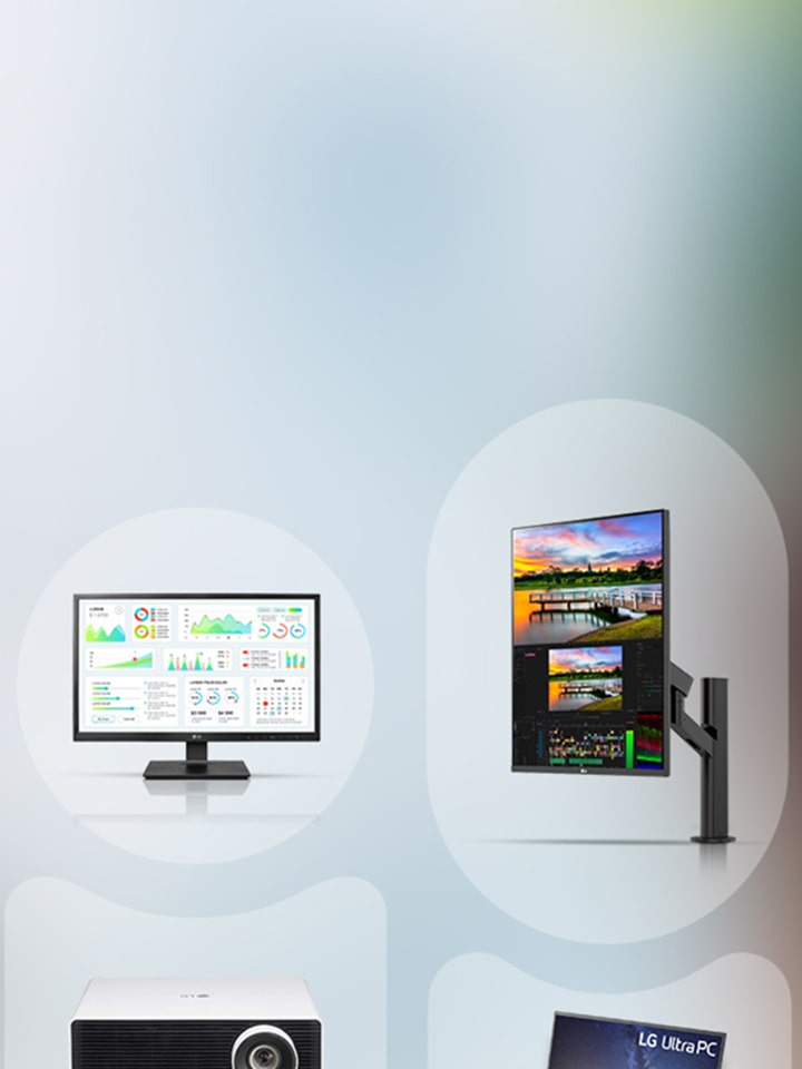 A product collage featuring LG electronics, including a projector, laptop, desktop monitor, smart monitor, and vertical screen display.